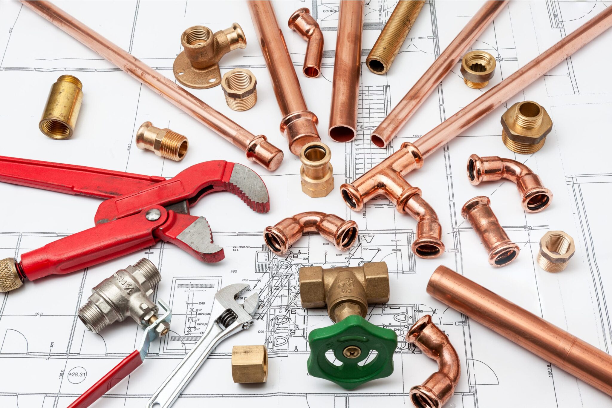 Copper pipes, fittings, valves, and plumbing tools in Prescott