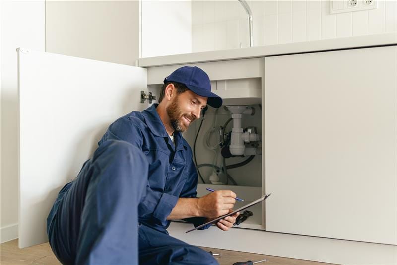 Residential plumber reviewing plumbing repairs in a Prescott kitchen