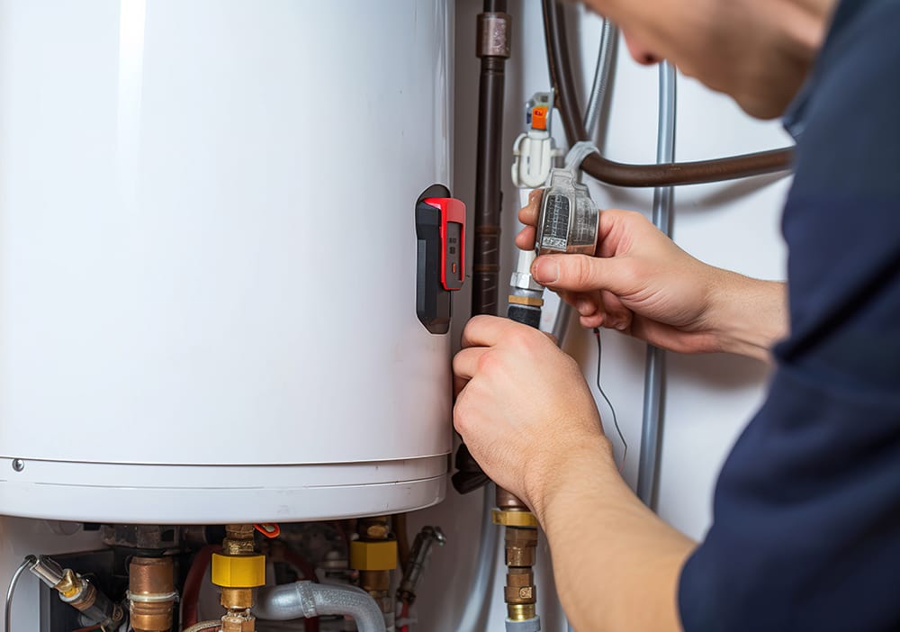 Technician repairing pipes connected to a water heater in Prescott